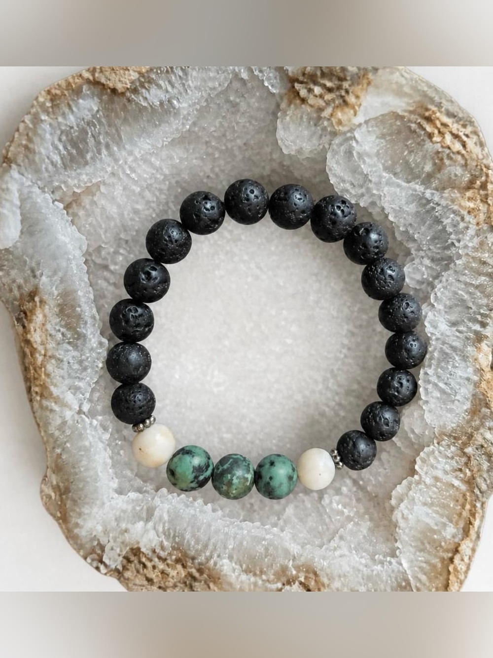 Handmade Black Lava & Green Jasper Beaded Bracelet